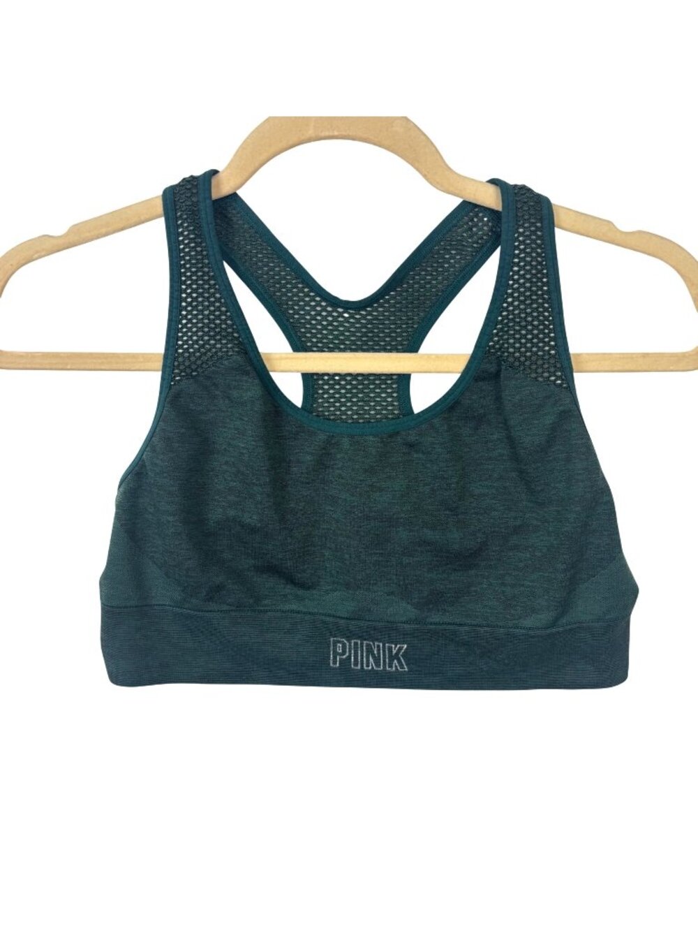 ✨3/$30 Victoria's Secret Pink L Sport Racerback Mesh Dark Green Bra Activewear